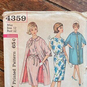 Simplicity 50s 60s Vintage Misses Dress Coat Sewing Pattern 4359 Size 12 Uncut